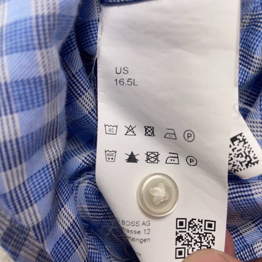 Hugo Boss Dress Shirt Mens 16.5 34/35 Blue Check Sharp Fit Long Sleeve Button Up - Picture 6 of 12